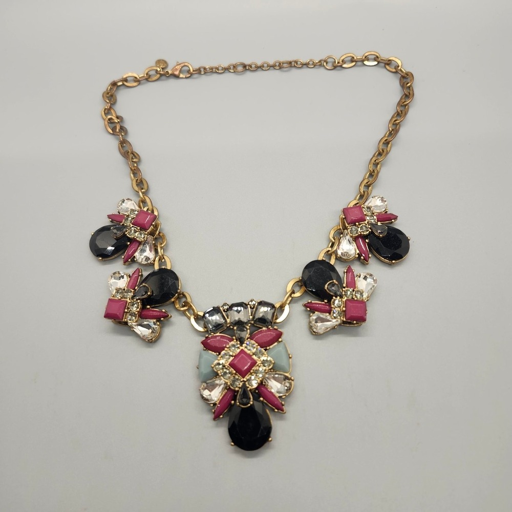 J.CREW Statement Bib Necklace Adjustable Multi-Stone Rhinestone Gold Tone - Picture 2 of 3